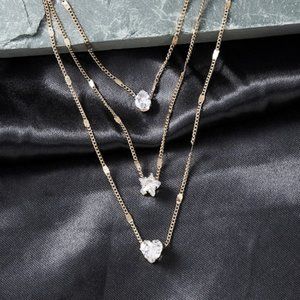 Womens Rhinestone Layered Heart, Five-pointed Star, Heart Drop Necklace